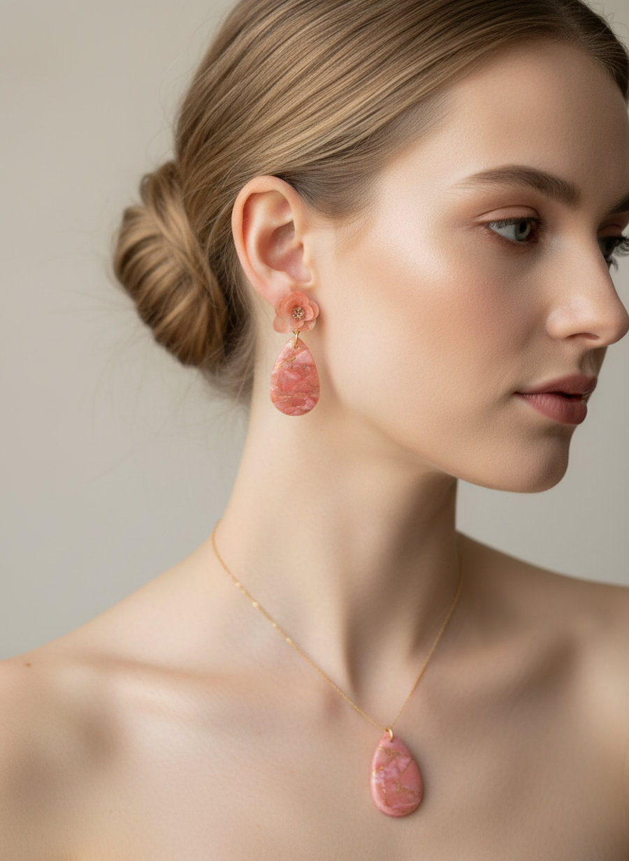 Zestaw Krople z kwiatem kolczyki + wisiorek - brzoskwiniowe - obrazek 2