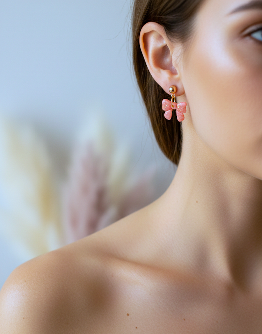 Kolczyki Kokardki wiszące marmurkowe - brzoskwiniowe - obrazek 4