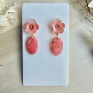 Kolczyki Owal z kwiatem marmurkowe - brzoskwiniowe