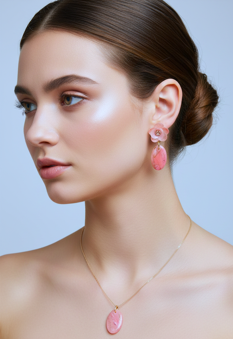 Zestaw Owal z kwiatem - kolczyki+wisiorek - brzoskwiniowe - obrazek 3