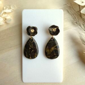 Kolczyki Krople z kwiatem czarno-złote