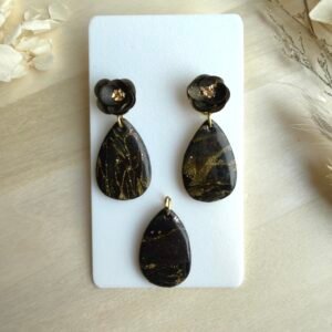 Zestaw Krople z kwiatem kolczyki+wisiorek - czarno-złote