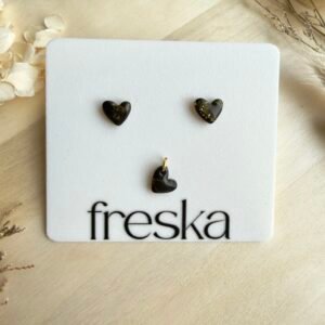 Zestaw Serduszka - kolczyki + wisiorek, czarno-złote marmurki