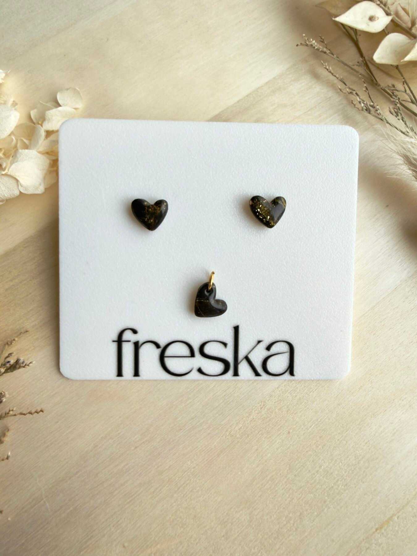 Zestaw Serduszka - kolczyki + wisiorek, czarno-złote marmurki