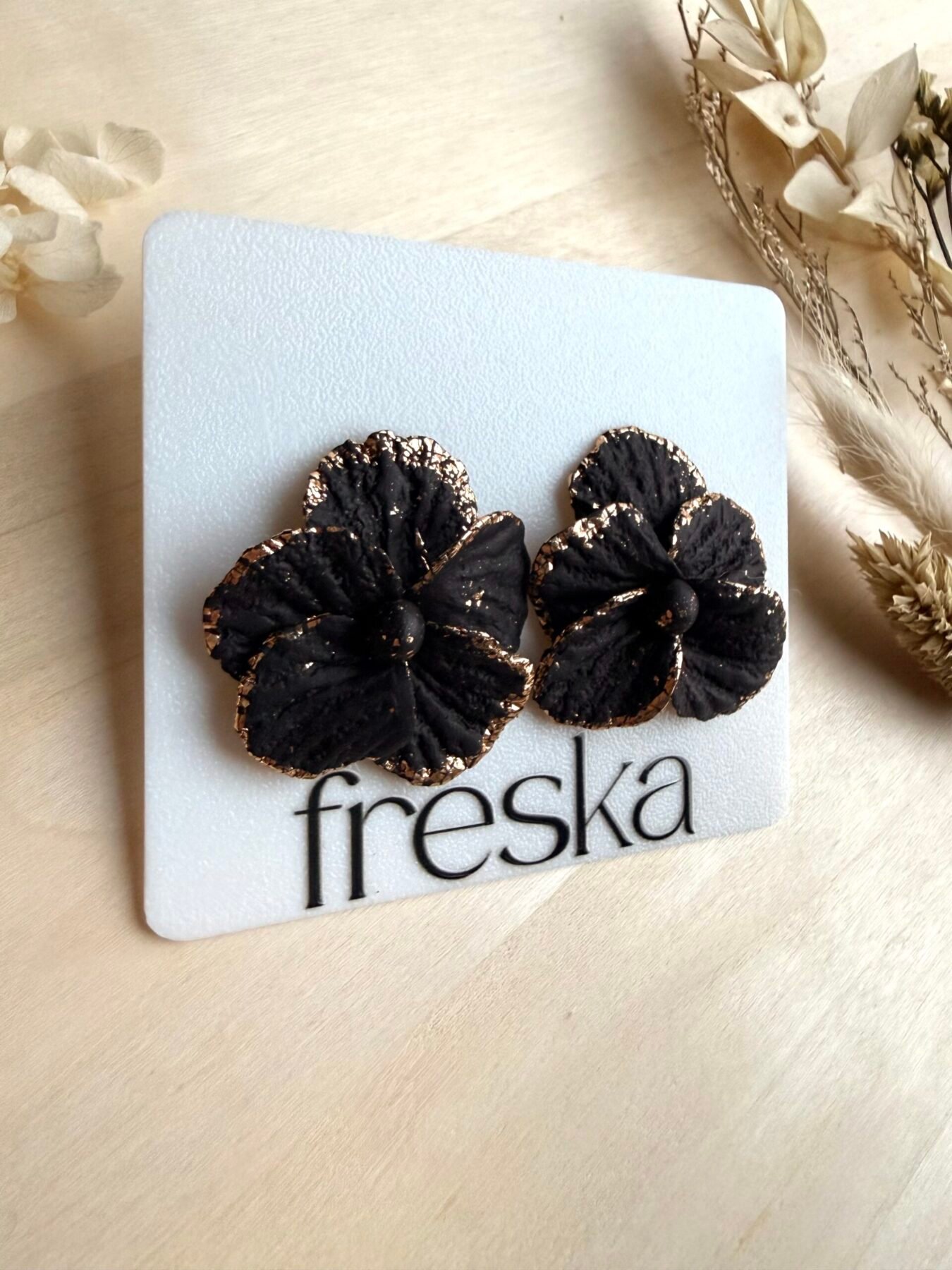 Kolczyki Kwiaty duże - czarno-złote - obrazek 2