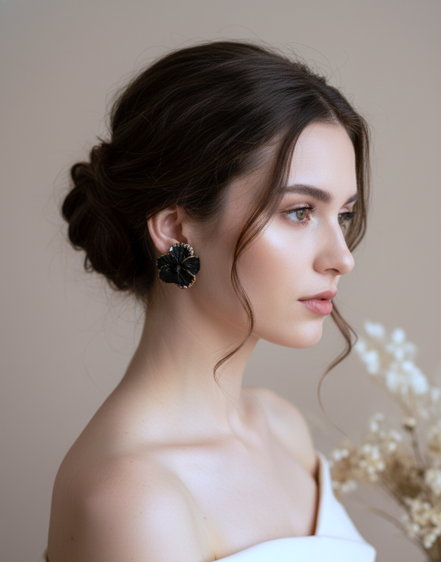 Kolczyki Kwiaty duże - czarno-złote - obrazek 3