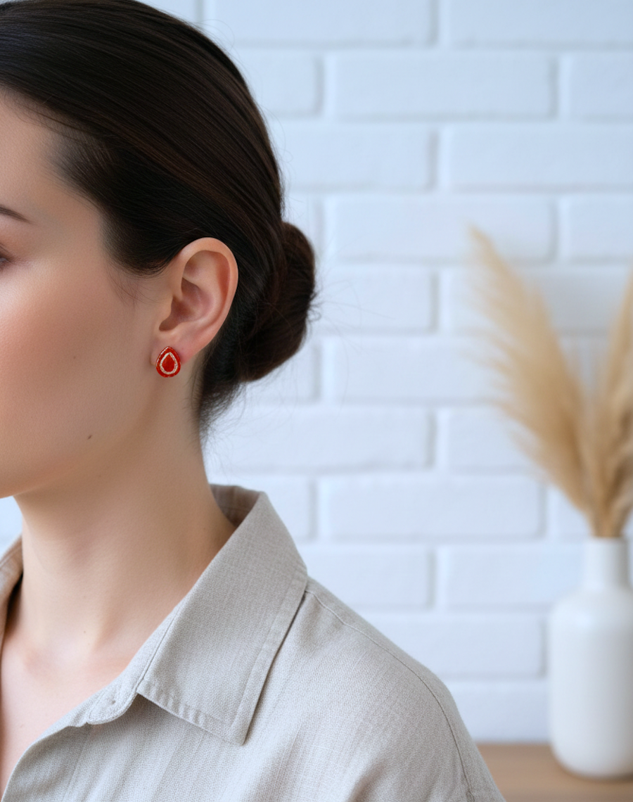 Kolczyki Łezki z ramką - czerwono-złote - obrazek 3