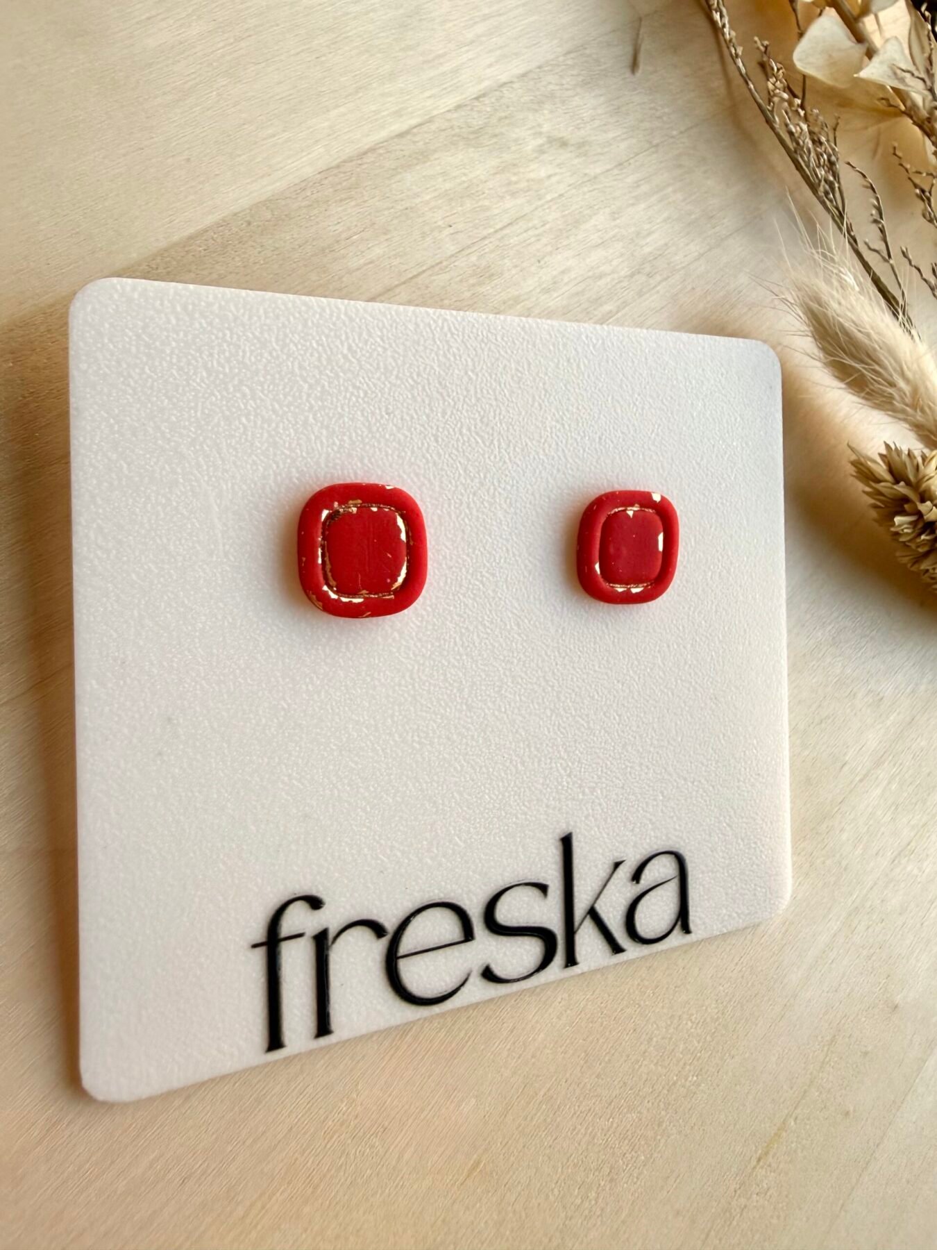 Kolczyki Kwadraty z ramką - czerwono-złote - obrazek 2