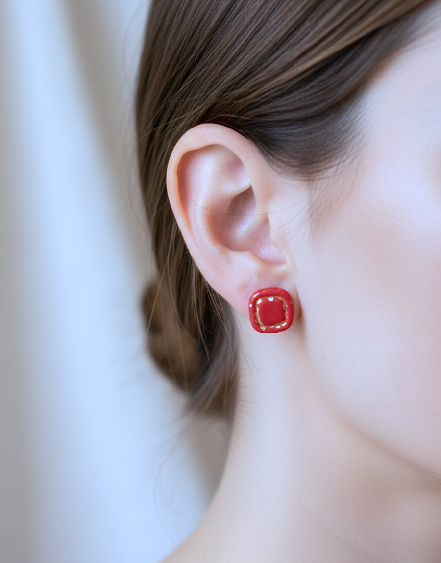 Kolczyki Kwadraty z ramką - czerwono-złote - obrazek 3