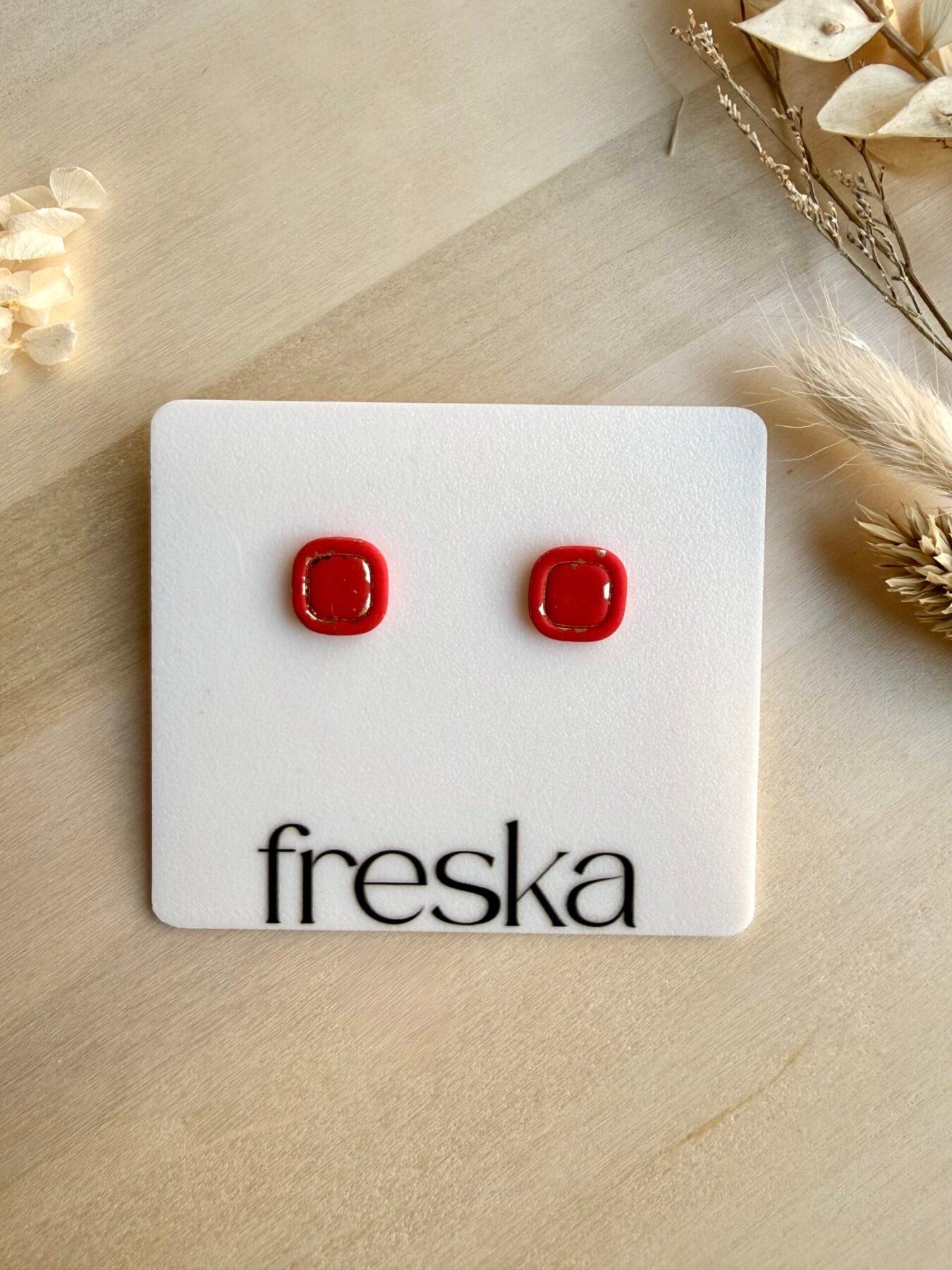 Kolczyki Kwadraty z ramką - czerwono-złote