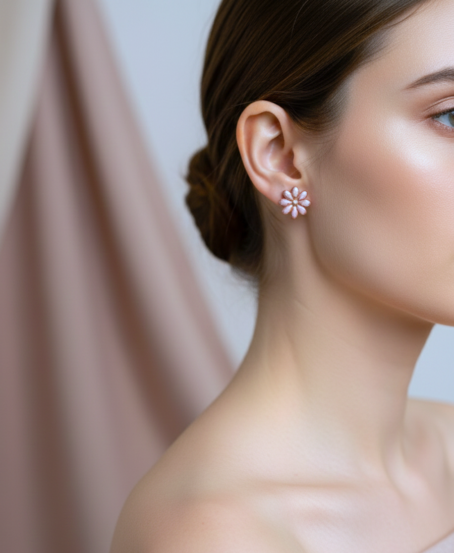 Kolczyki Stokrotki - brudny róż ze złotem - obrazek 3