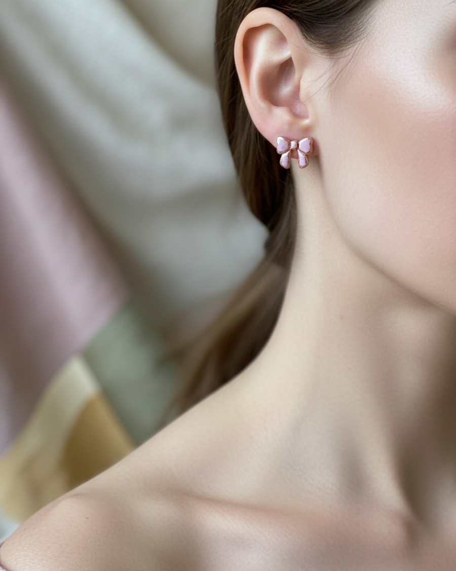 Kolczyki Kokardki ze złotem - brudny róż - obrazek 3