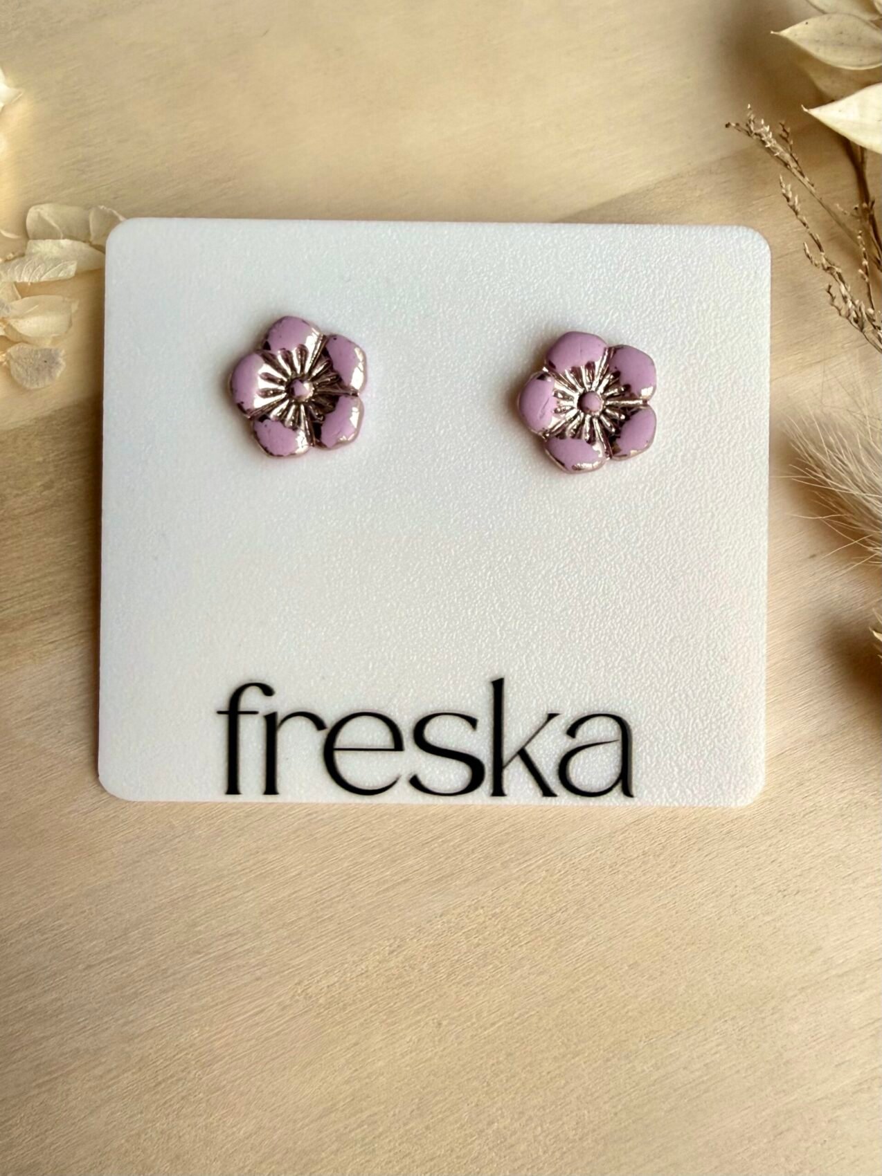 Kolczyki Kwiaty - brudny róż ze srebrem