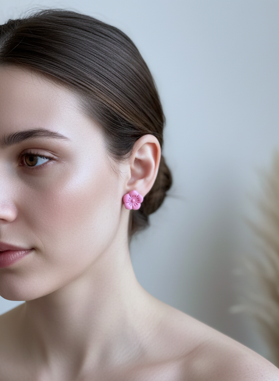 Kolczyki Kwiatki 5-płatkowe wiosenny róż - obrazek 3