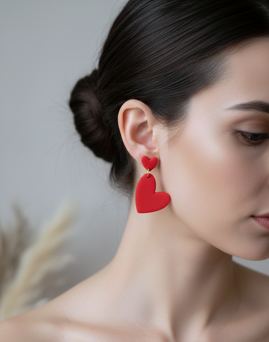 Kolczyki Serca Podwójne wiszące - czerwone - obrazek 2