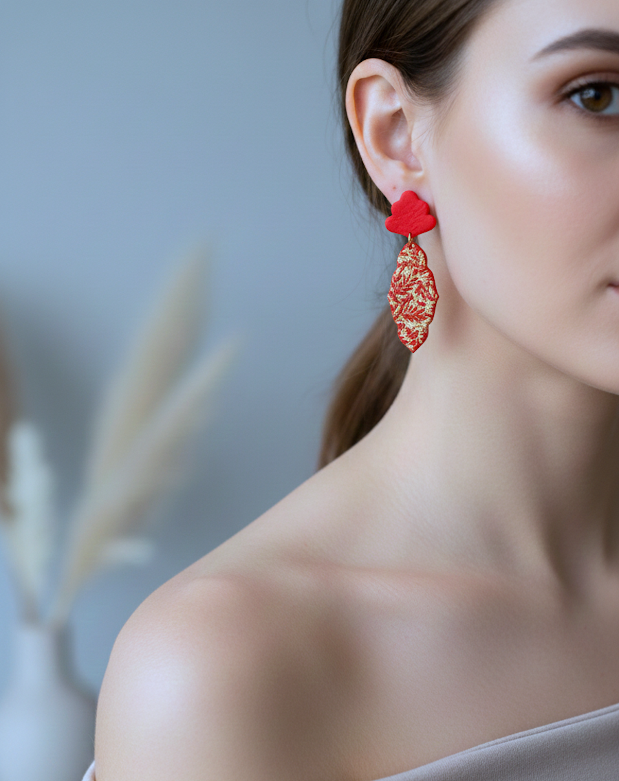 Kolczyki Ornament roślinny - czerwono-złote - obrazek 2