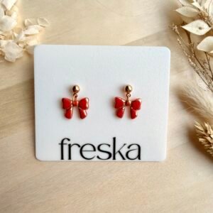 Kolczyki Kokardki wiszące - czerwone ze złotem