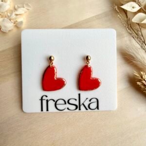 Kolczyki Serca wiszące - czerwone ze złotem