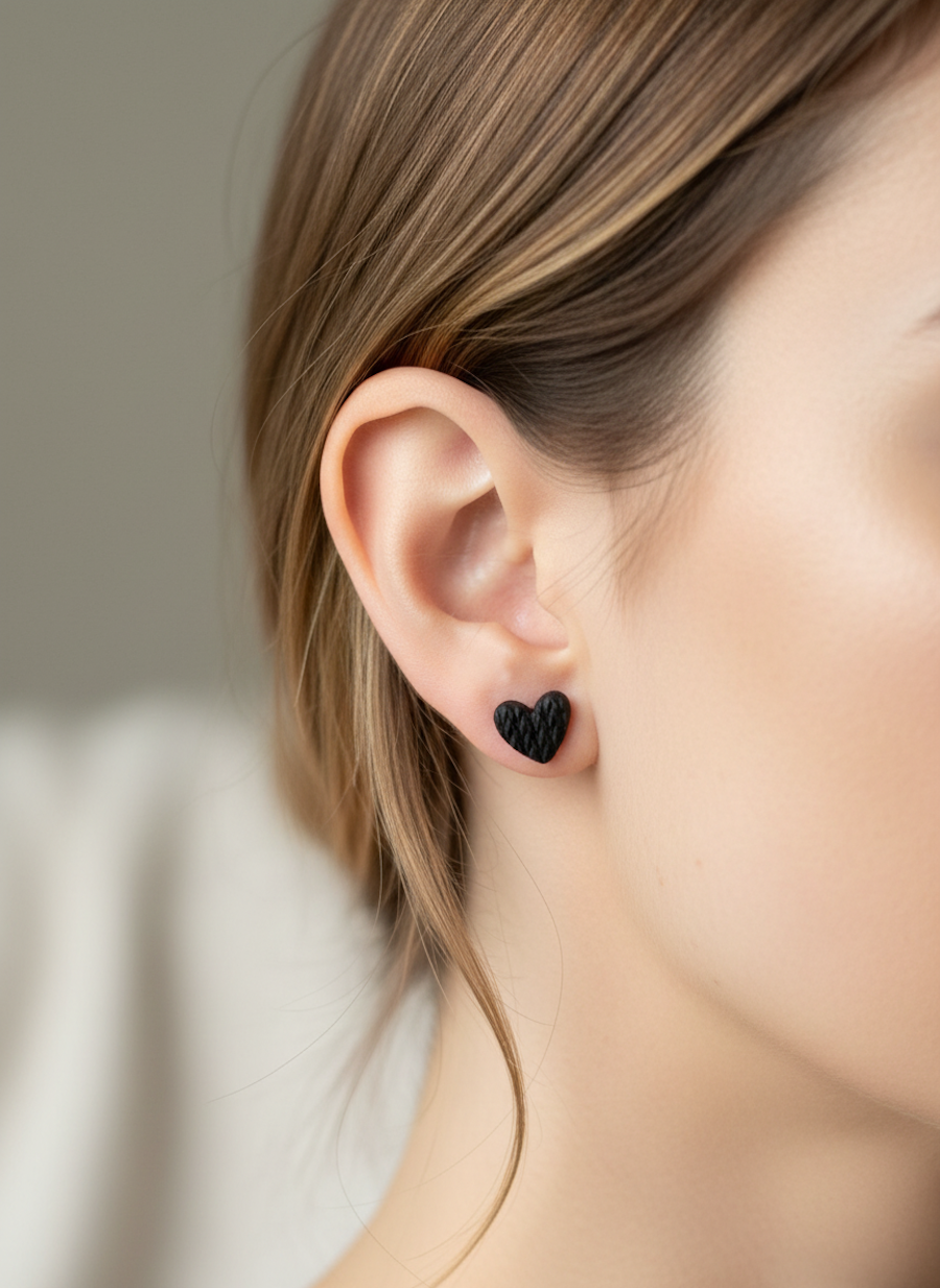 Kolczyki Serduszka sweterkowe - czarne - obrazek 3