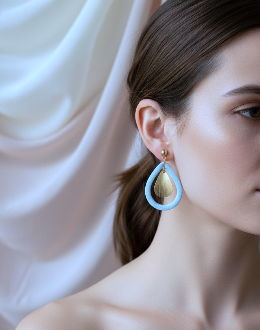 Kolczyki Krople Frame z liściem - błękitne - obrazek 4