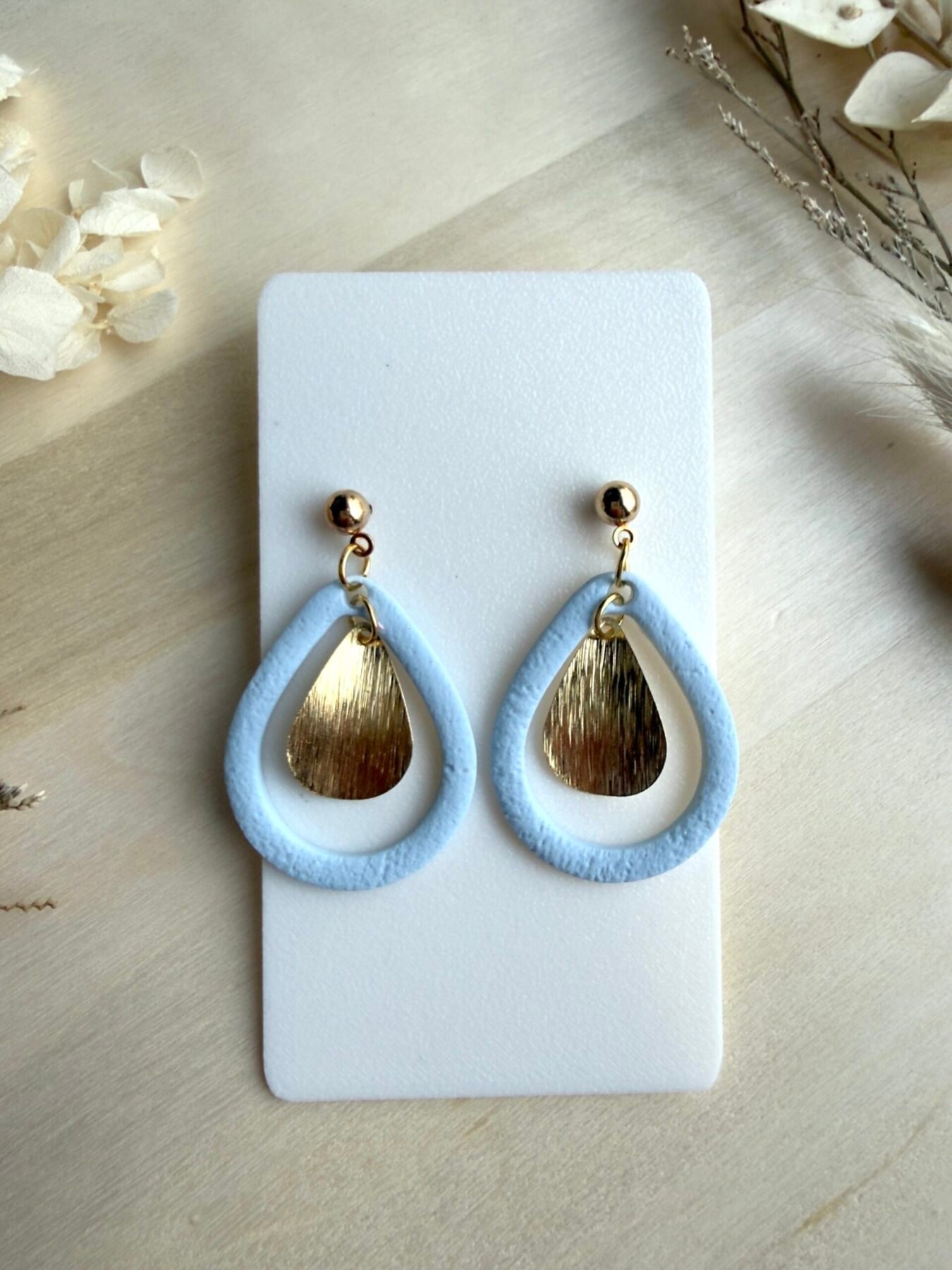 Kolczyki Krople Frame z liściem - błękitne