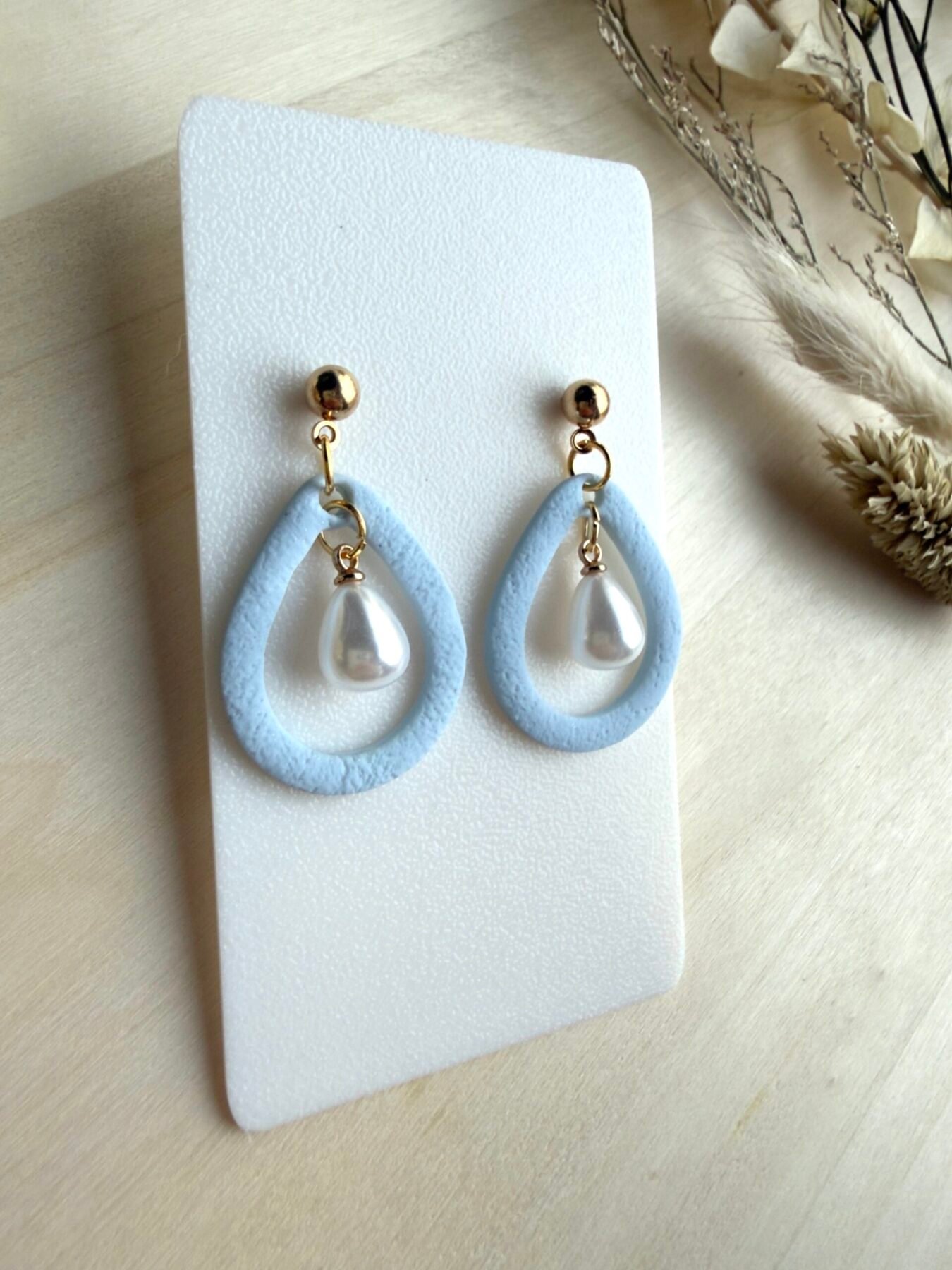 Kolczyki Krople Frame z perłą - błękitne - obrazek 2