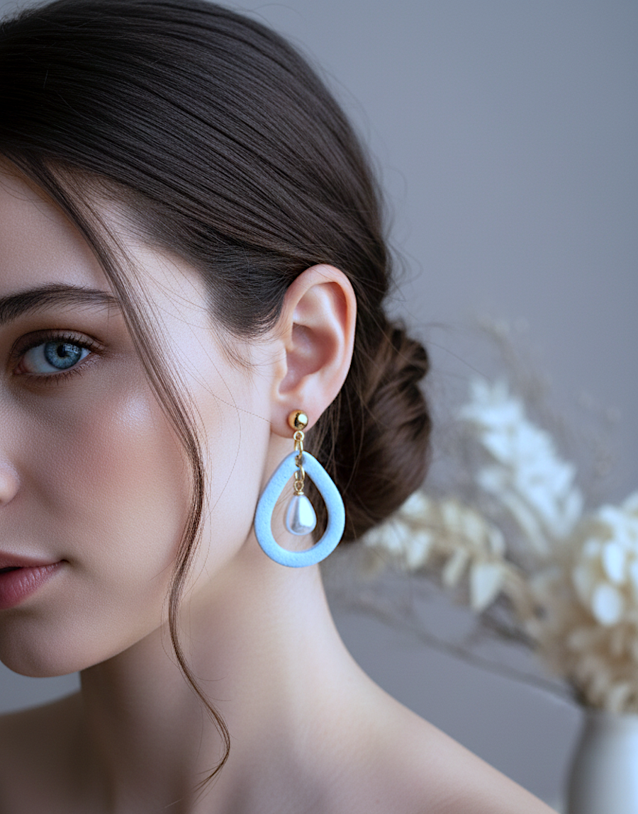 Kolczyki Krople Frame z perłą - błękitne - obrazek 3