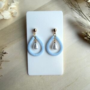 Kolczyki Krople Frame z perłą - błękitne