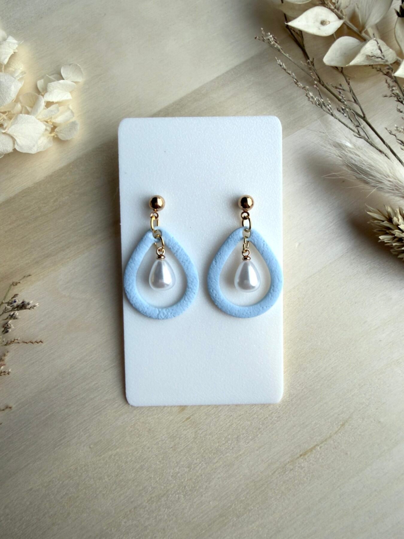 Kolczyki Krople Frame z perłą - błękitne